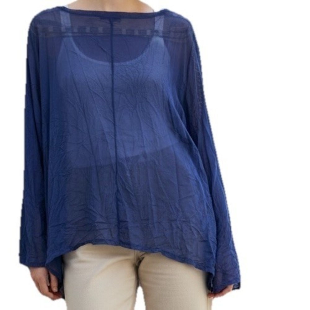 Womens Blue Crinkle Shirt Sheer  Mesh Boxy Casual Top Large Grunge Whimsy Kozan